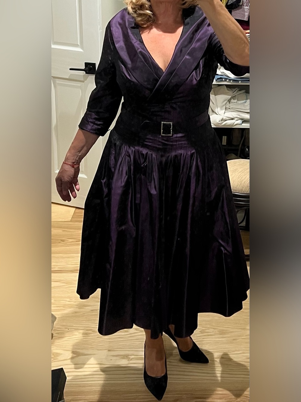 Rickie Freeman for Teri Jon Purple Midi Dress with Belt a-line size 14 heels